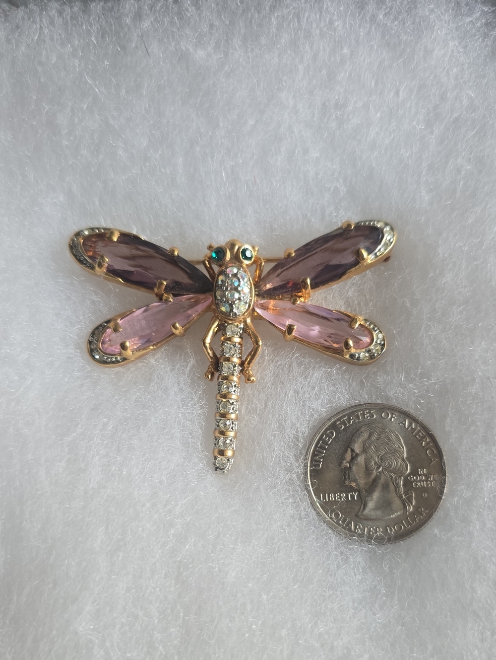 Gold Dragonfly Brooch with Pink and Purple Crystals